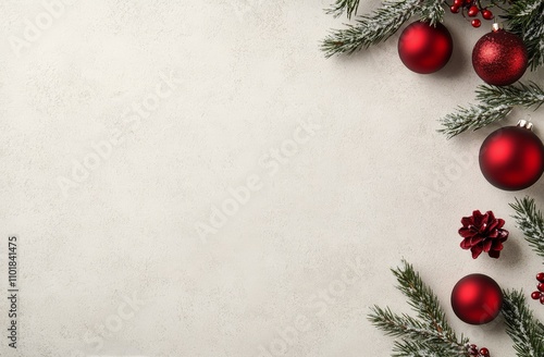 Festive decorations with red ornaments and pine branches for holiday celebration