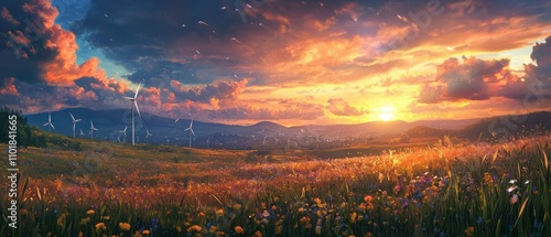Vibrant sunset over a scenic meadow with wind turbines in a tranquil atmosphere