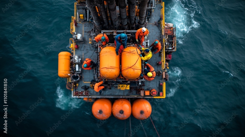 Aerial View of a Bustling Offshore Oil Platform with Workers Scurrying Across the Deck Amid Towering Machinery Aerial View of a Bustling Offshore Oil Platform with Workers Scurrying Across the Deck Amid Towering Machinery