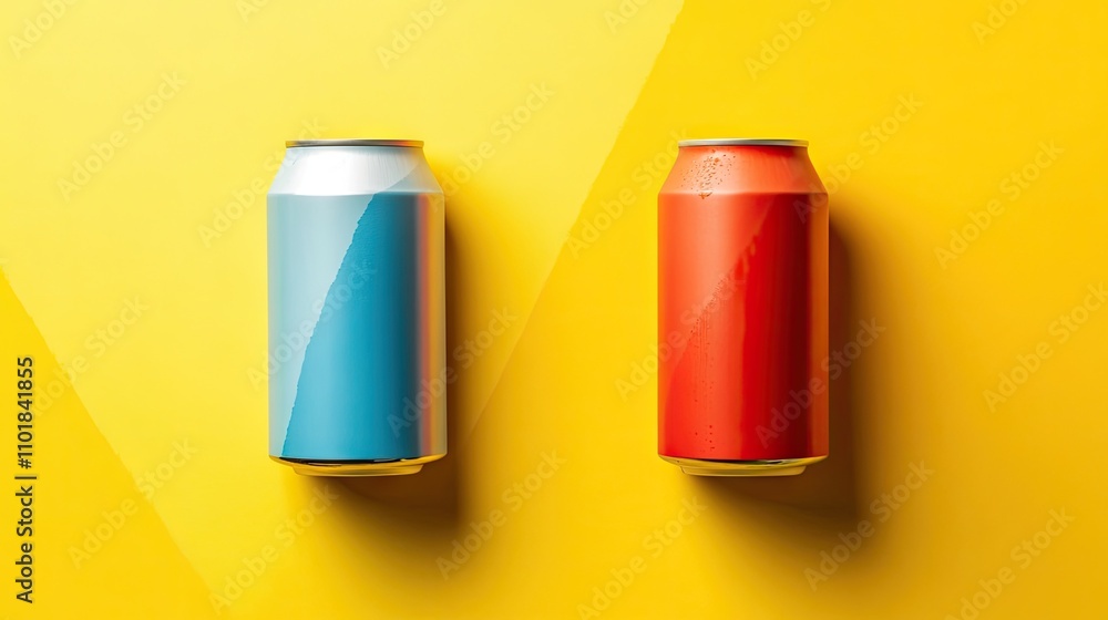 Two cans of tasty beer arranged in a mock-up style, displaying the beverages vibrant branding and color. Ideal for advertisements or promotional content with ample copy space. Two cans of tasty beer arranged in a mock-up style, displaying the beverages vibrant branding and color. Ideal for advertisements or promotional content with ample copy space.