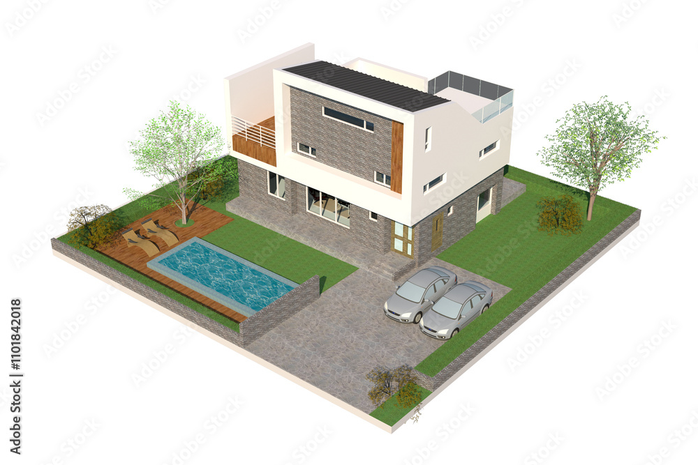 3D isometric modeling of a modern house with small pool in the garden