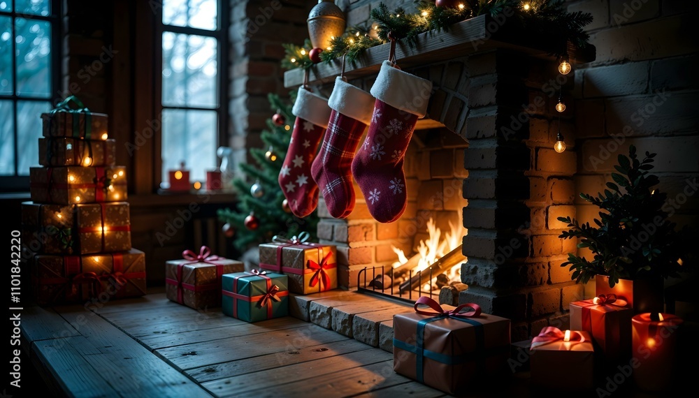 Naklejka premium Lareira aconchegante com meias natalinas penduradas e presentes de natal.