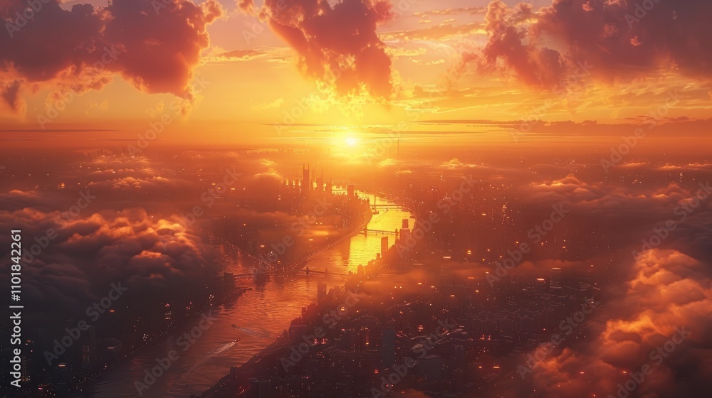 Fototapeta premium Stunning sunset landscape with dramatic vibrant clouds reflecting on the tranquil ocean surface creating a serene and mesmerizing natural scene