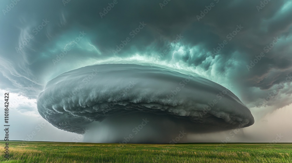 Obraz premium A dramatic, swirling storm cloud resembling a flying saucer over a grassy landscape.
