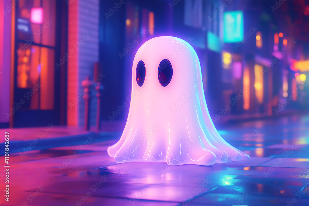 A glowing, cartoonish ghost in a vibrant, neon-lit urban setting at night. A glowing, cartoonish ghost in a vibrant, neon-lit urban setting at night.