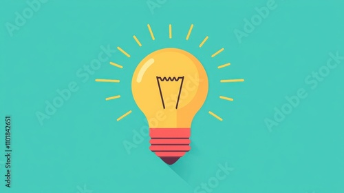 A bright yellow light bulb with rays, symbolizing ideas and creativity, set against a teal background.