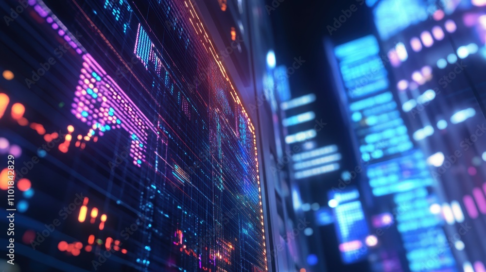 Cryptocurrency symbols hovering over stock exchange screen financial district digital art urban nightscape futuristic viewpoint investment trends Cryptocurrency symbols hovering over stock exchange screen financial district digital art urban nightscape futuristic viewpoint investment trends