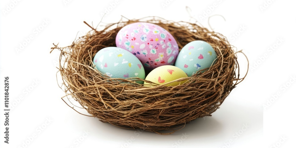 A close up view shows an Easter nest that is empty, placed on a white surface, where eggs would typically be found but are absent. A close up view shows an Easter nest that is empty, placed on a white surface, where eggs would typically be found but are absent.