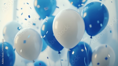 Colorful balloons floating in the air at a festive celebration with confetti