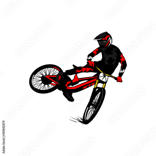 freestyle downhill bike racer lifts rear wheel vector illustration