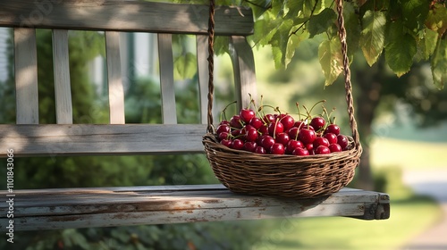 17. Freshly picked cherries in a wicker basket on a porch swing