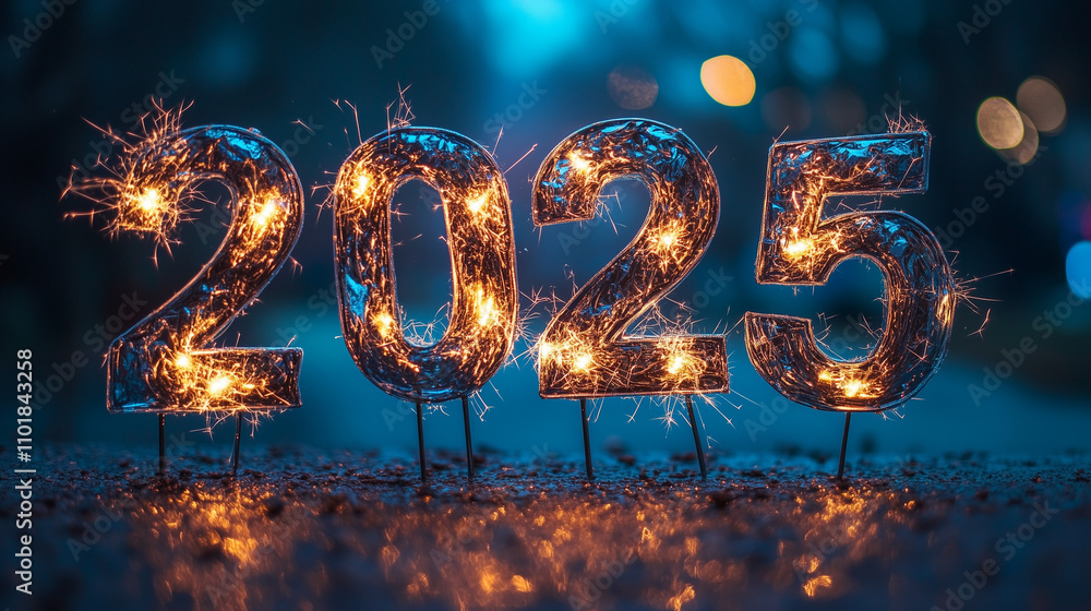 「2025」の文字の形のライト 花火 丸ボケ 夜