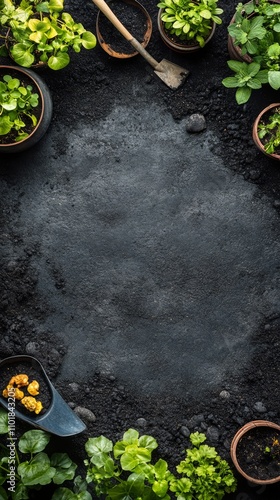 Gardening setup with fresh soil and potted plants arranged for cultivation