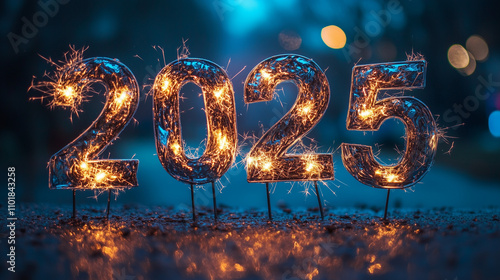 Obraz na płótnie 「2025」の文字の形のライト 花火 丸ボケ 夜 w salonie