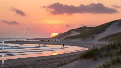 Serene Sunset Over Dune Beach Warm Tones and Silhouetted Beachgoers