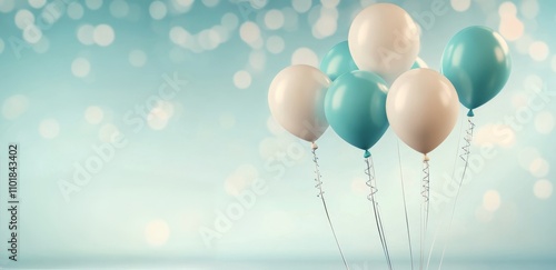 Colorful balloons floating above a blurred turquoise background during an eve...