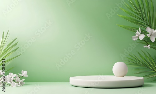 Black round stone on a green surface with soft foliage background in a natura...