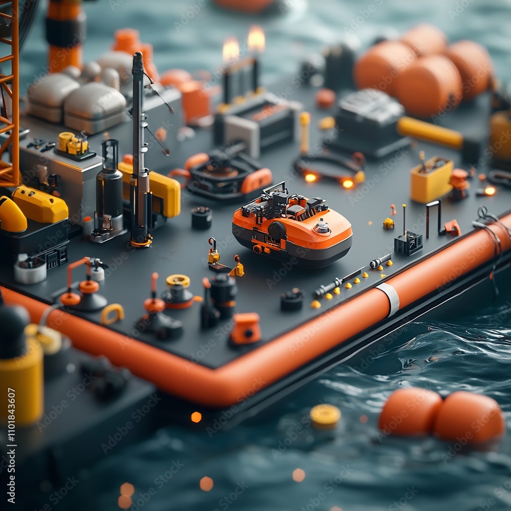 Offshore oil rig with remotely operated vehicle ROV deployment system ROV equipped with specialized tools and sensors surveying submerged infrastructure Offshore oil rig with remotely operated vehicle ROV deployment system ROV equipped with specialized tools and sensors surveying submerged infrastructure