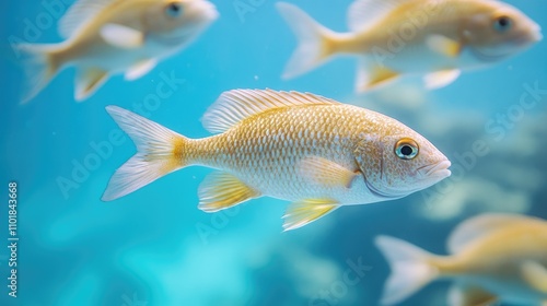 A vibrant school of fish swimming gracefully in the clear blue waters of a coral reef.