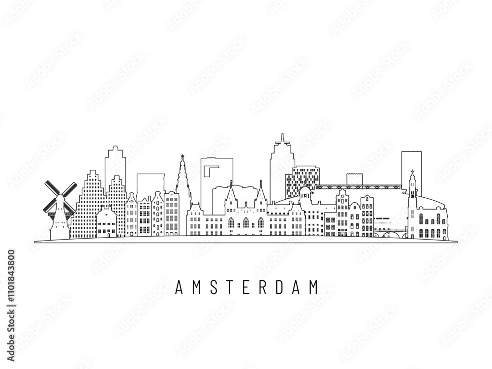 Obraz premium Detailed Amsterdam skyline vector illustration. Amsterdam buildings in line art style, perfect for modern designs.