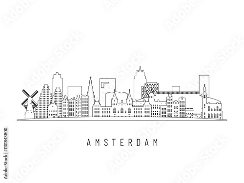Detailed Amsterdam skyline vector illustration. Amsterdam buildings in line art style, perfect for modern designs.