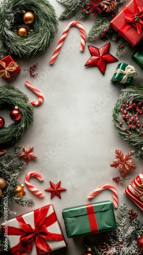 Holiday decorations with wreaths, gifts, and candy canes arranged for a festi...