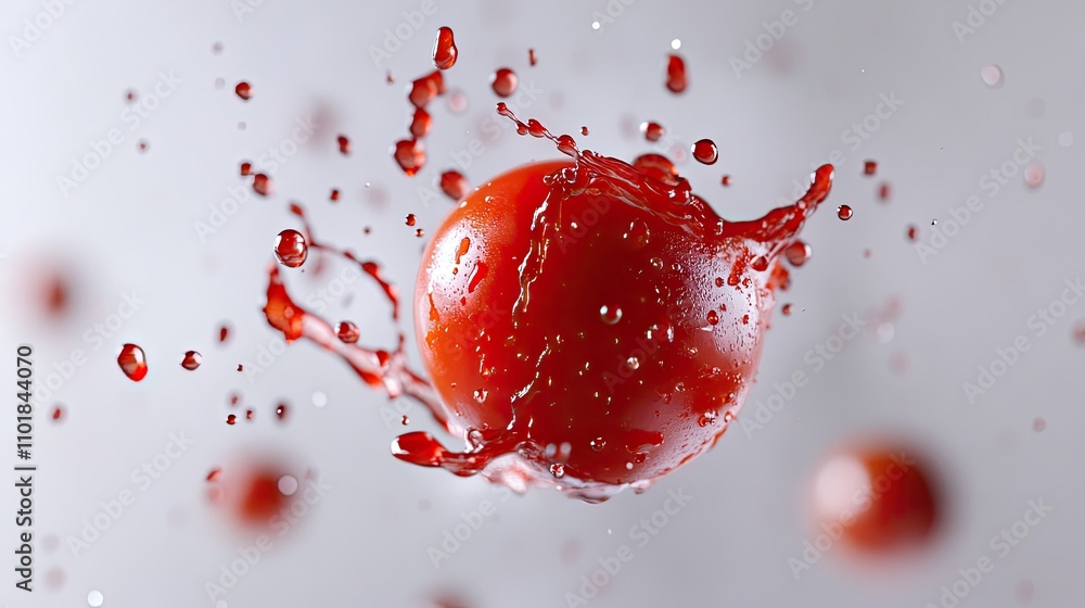 A vibrant splash of red tomato ketchup flying through the air against a white background, droplets scattering. A vibrant splash of red tomato ketchup flying through the air against a white background, droplets scattering.