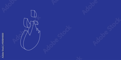 The outline of a large fire symbol made of white lines on the left. 3D view of the object in perspective. Vector illustration on indigo background