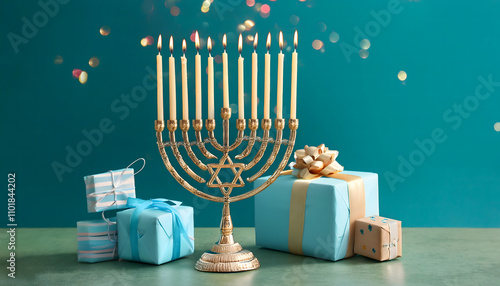 Festive Hanukkah Menorah with Gifts and Glowing Candles photo