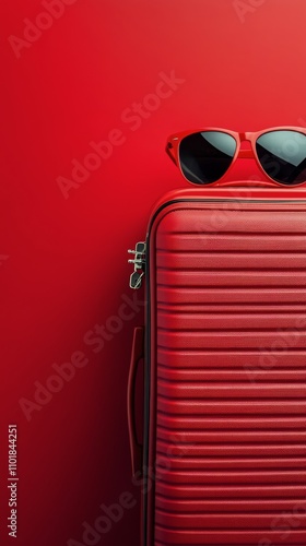 Travel essentials displayed with a red suitcase and stylish sunglasses for su...