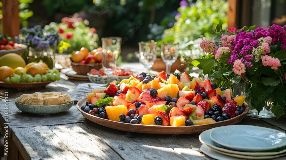 55. A summer patio with a colorful fruit salad spread on a table 55. A summer patio with a colorful fruit salad spread on a table