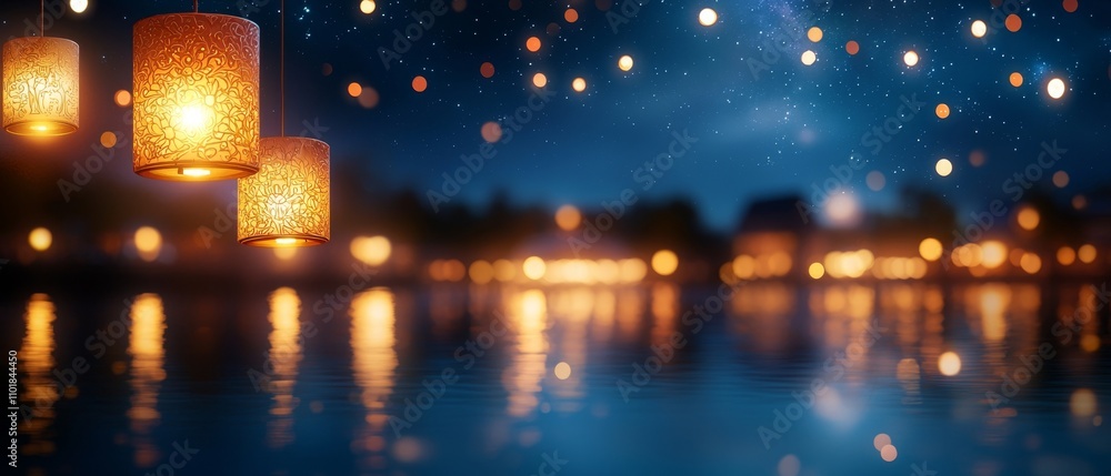 A serene evening scene featuring glowing lanterns above a tranquil lake, with reflections shimmering on the water under a starry sky. A serene evening scene featuring glowing lanterns above a tranquil lake, with reflections shimmering on the water under a starry sky.