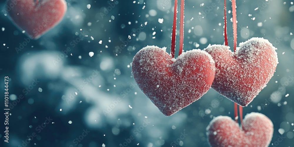 Obraz premium Red hearts hanging for Valentines Day, adorned with snow, suitable for love inquiries or a Christian themed Valentine background ideal for social media banners and postcard designs.
