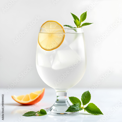 Gin tonic cocktail drink into a glass on white background