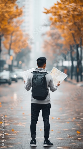 Young man explores city streets while reading a map on a sunny autumn day