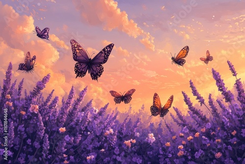 Wallpaper Mural A beautiful field of lavender flowers with butterflies flying against a sunset sky. Torontodigital.ca