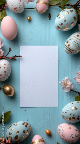 Decorative spring arrangement with pastel colored eggs and blossoms on a blue...