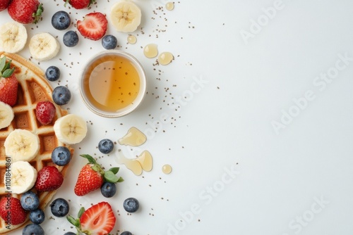 Delicious breakfast with waffles topped with fresh fruit and syrup on a light...