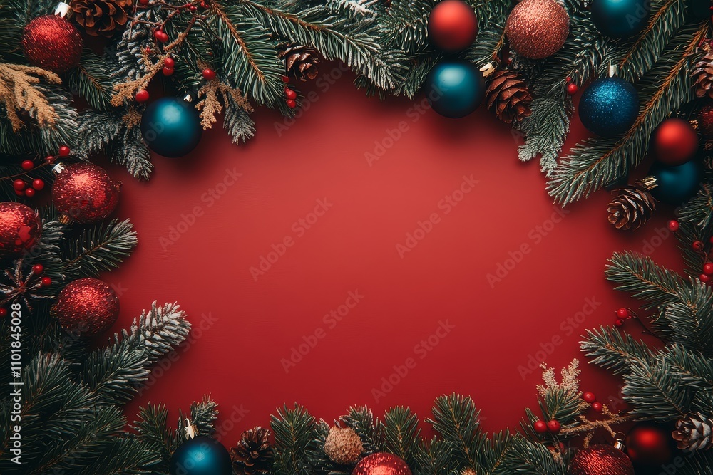 Christmas tree branches with decorations on red background, flat lay for Christmas and New Year celebration with copy space for text. Christmas tree branches with decorations on red background, flat lay for Christmas and New Year celebration with copy space for text.