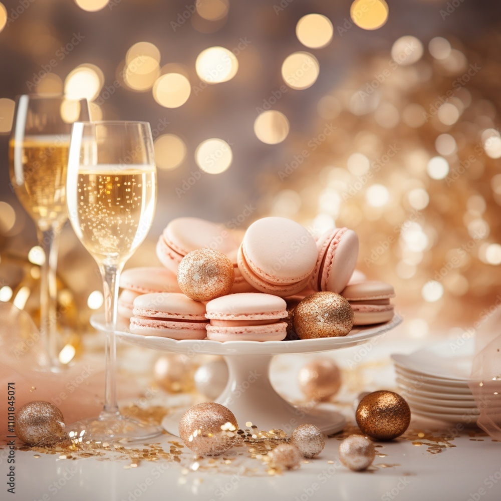 Pink and gold colored luxury elegantly macarons with champagne for Christmas and cozy blur background Pink and gold colored luxury elegantly macarons with champagne for Christmas and cozy blur background