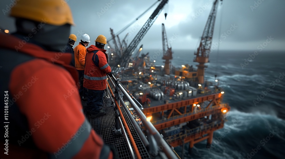 Offshore project managers wearing safety gear and hard hats overseeing the construction of a new offshore oil platform Offshore project managers wearing safety gear and hard hats overseeing the construction of a new offshore oil platform