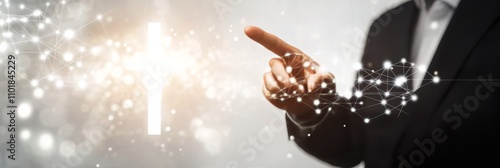Business professional interacting with a digital cross symbol in a modern env...