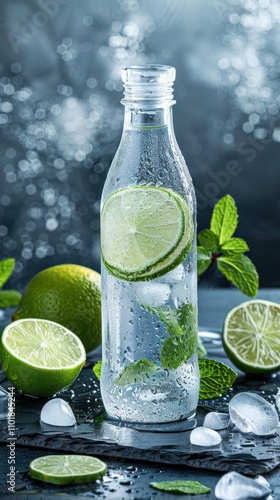 Close up of a glass bottle filled with clear refreshing water infused with fresh lime slices and mint leaves creating a healthy hydrating and natural beverage on a dark wooden surface photo