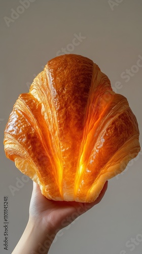 Hand holding a freshly baked croissant with golden layers in a minimalistic s...