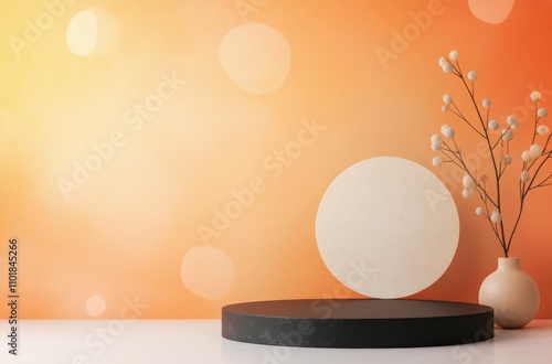 Elegant round display stand with soft background and decorative branch in ser...