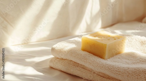 Handmade soap and towel arranged on a light background, illuminated by sunlight, creating a fresh and inviting atmosphere with ample space for text or designs. photo