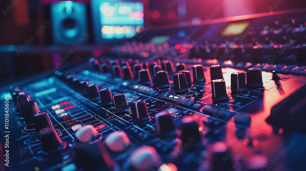Close-up of audio mixing console with vibrant lighting effects
