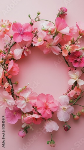 Beautiful floral wreath crafted from pink cherry blossoms against a soft pink...