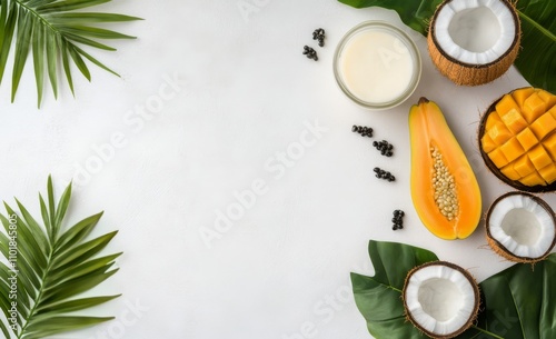 Fresh tropical fruits arranged on a white surface with green leaves