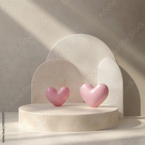 Romantic setting with floating heart shapes in a serene environment